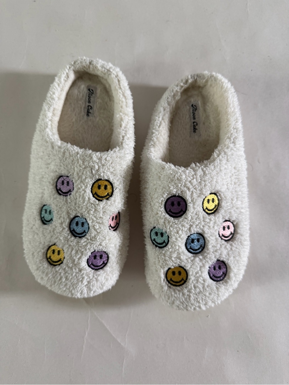 White Fuzzy Slippers with Multicolor Smiley Faces